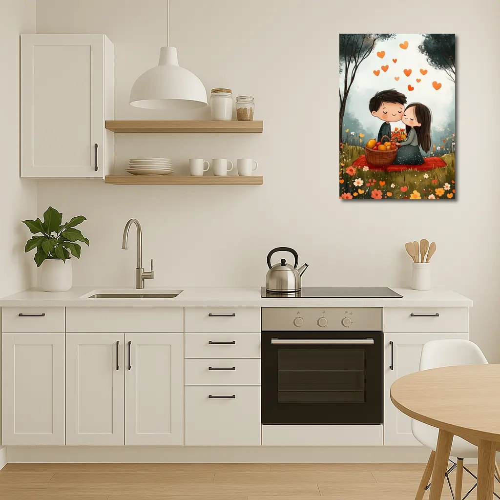 Cute Couple Kissing In Flower Field – Wall Art