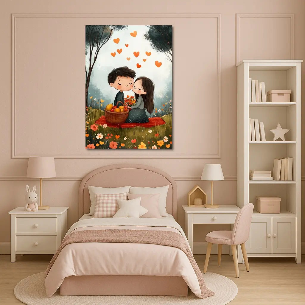 Cute Couple Kissing In Flower Field – Wall Art