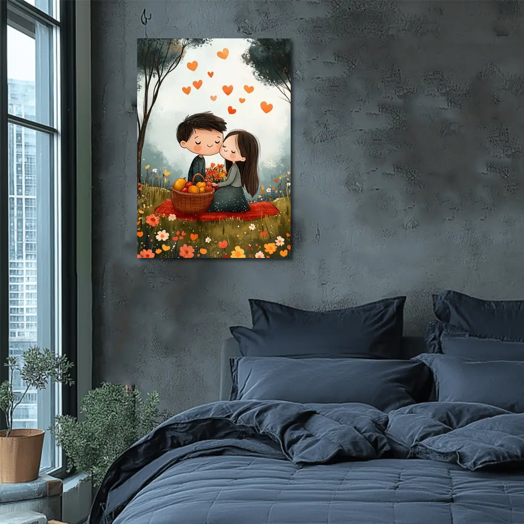 Cute Couple Kissing In Flower Field – Wall Art