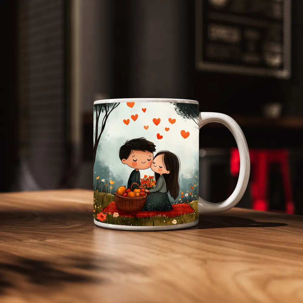 Cute Couple Kissing In Flower Field – Mugs