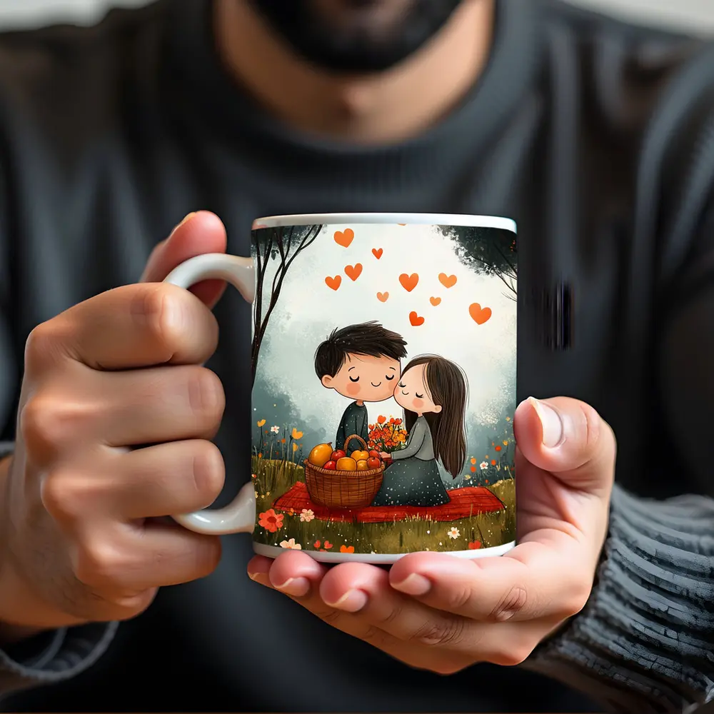 Cute Couple Kissing In Flower Field – Mugs