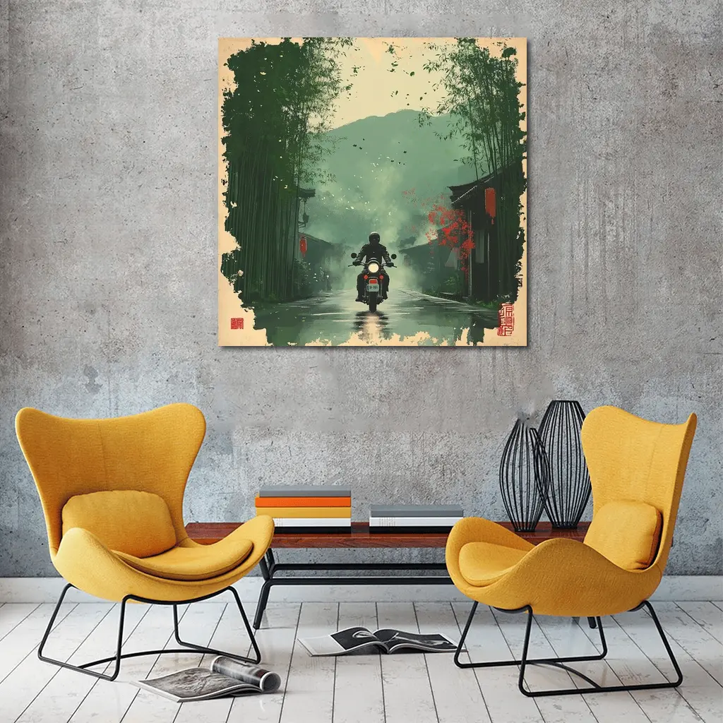 Motorcyclist Riding Through Misty Chinese Village – Wall Art