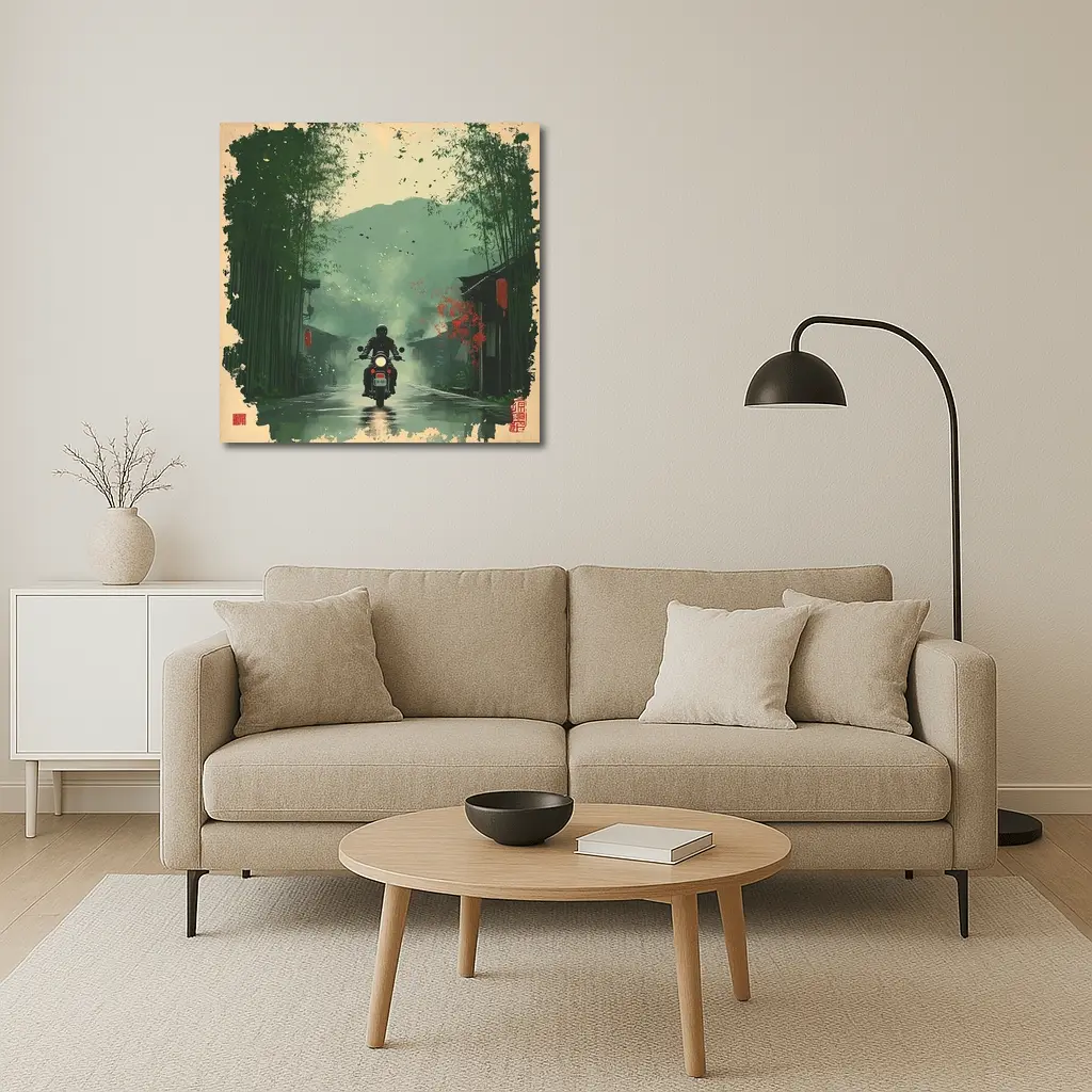 Motorcyclist Riding Through Misty Chinese Village – Wall Art
