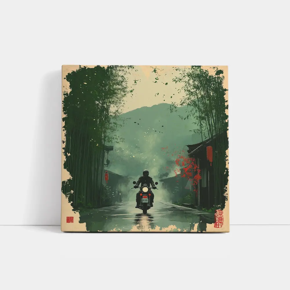 Motorcyclist Riding Through Misty Chinese Village – Wall Art