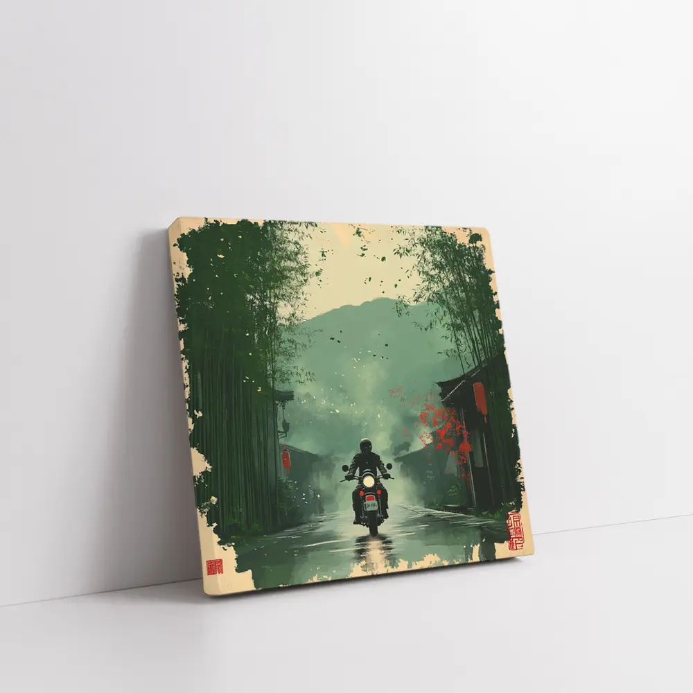Motorcyclist Riding Through Misty Chinese Village – Wall Art