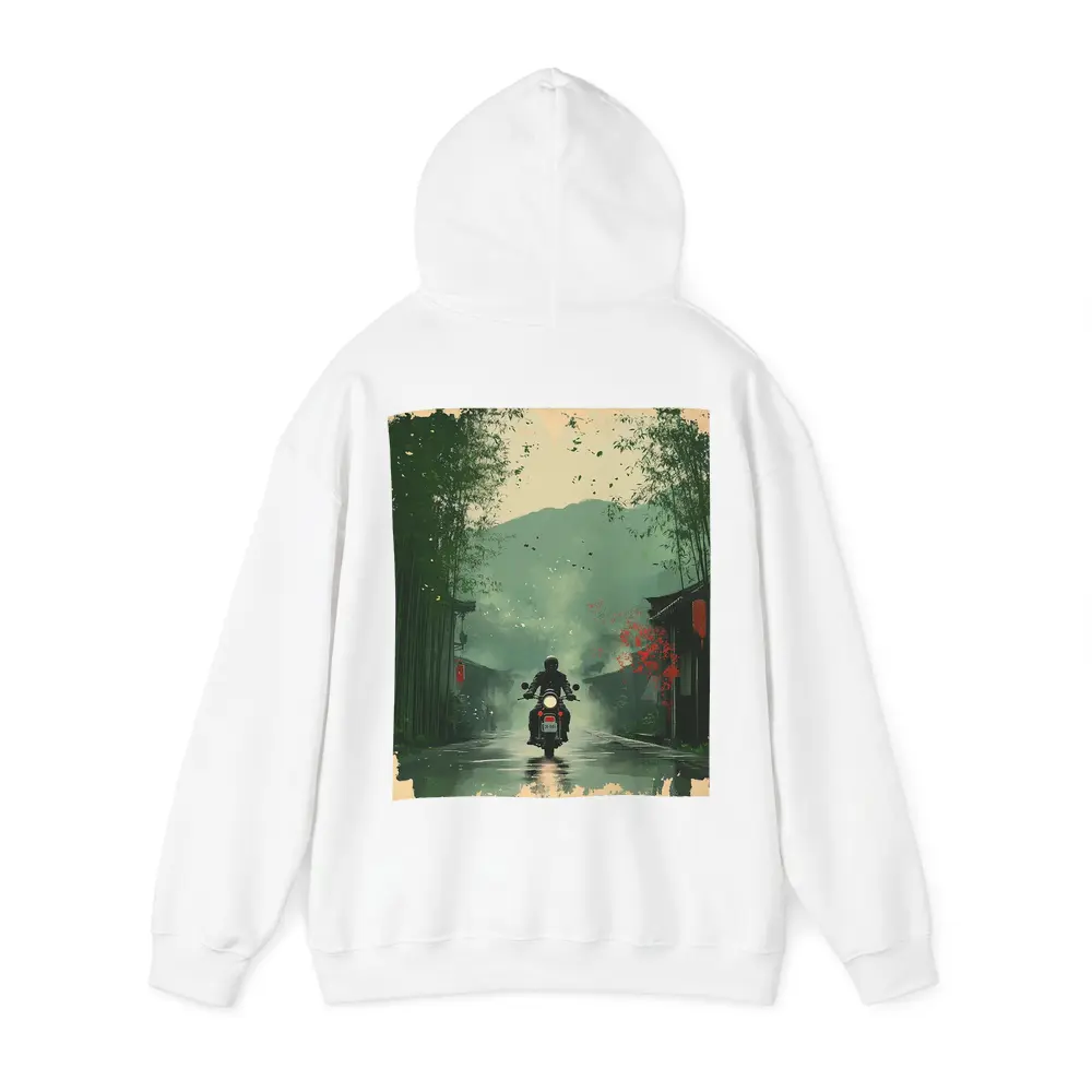 Motorcyclist Riding Through Misty Chinese Village – Hoodies