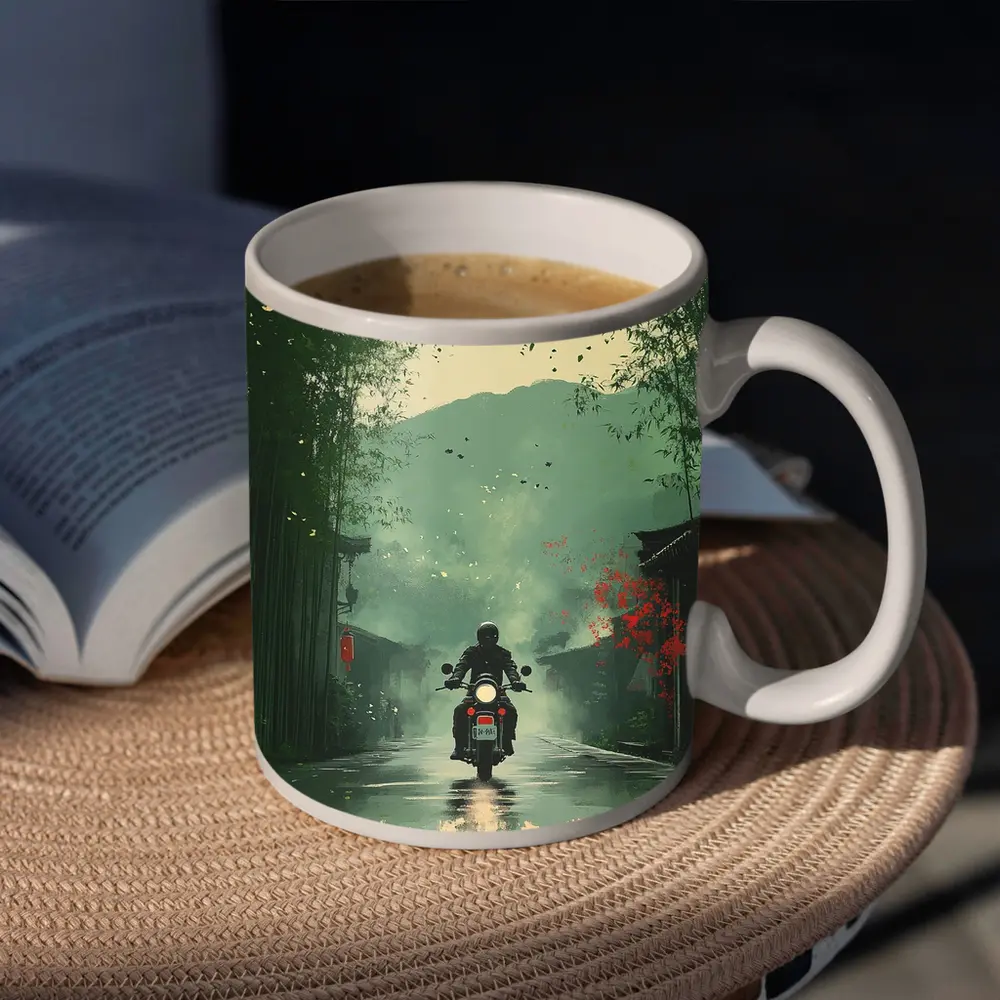 Motorcyclist Riding Through Misty Chinese Village – Mugs