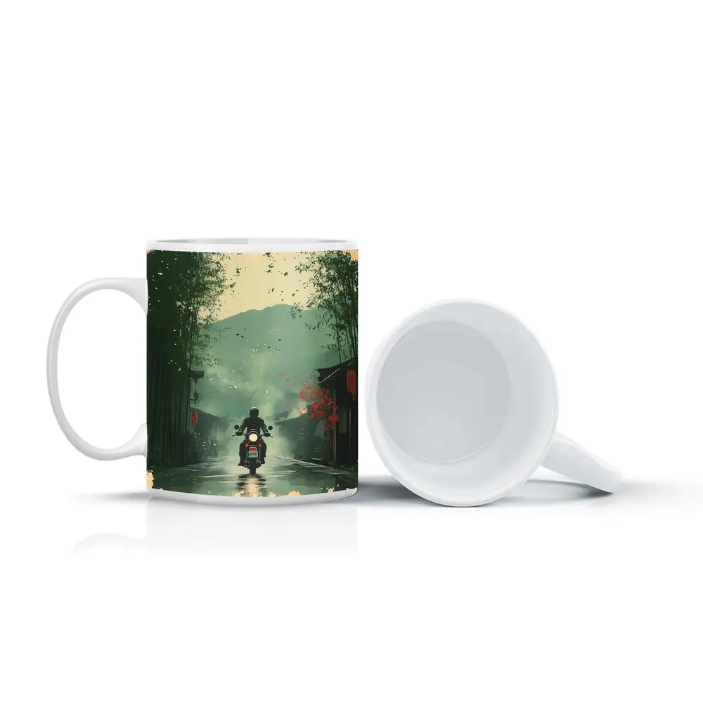Motorcyclist Riding Through Misty Chinese Village – Mugs