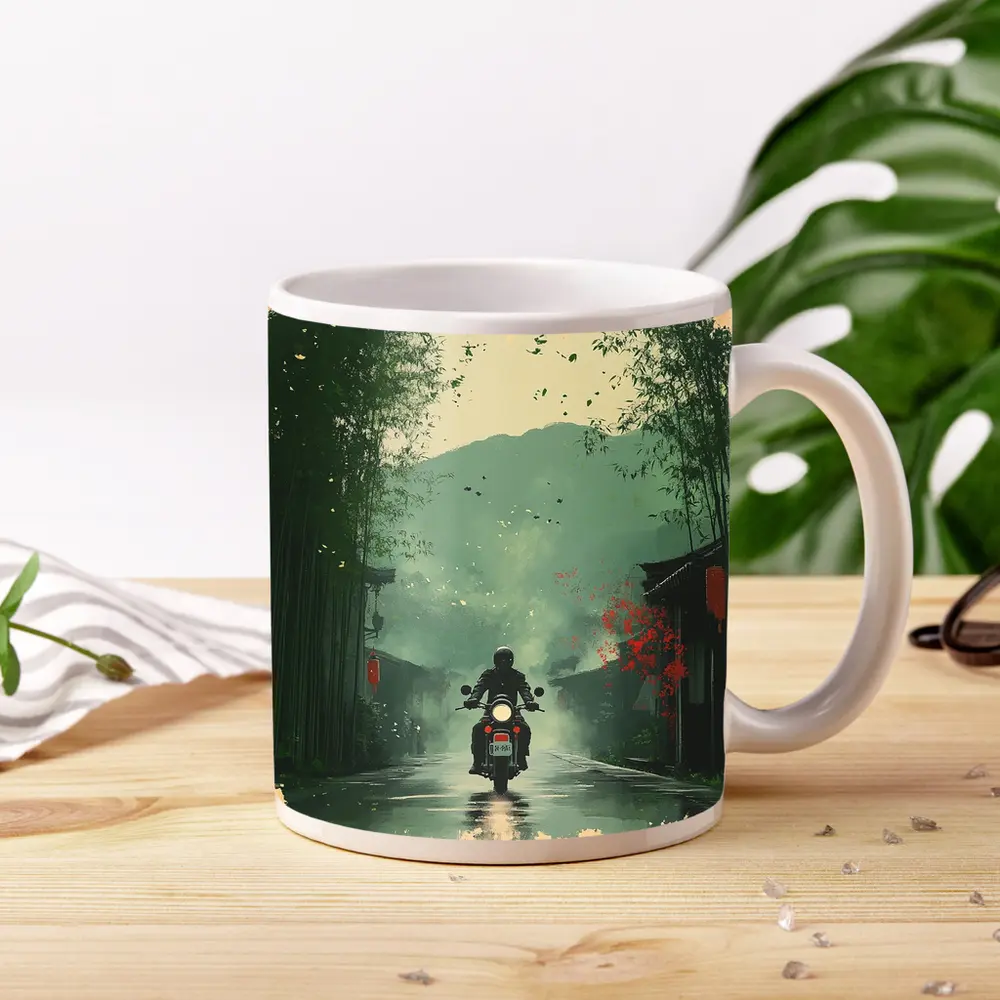 Motorcyclist Riding Through Misty Chinese Village – Mugs
