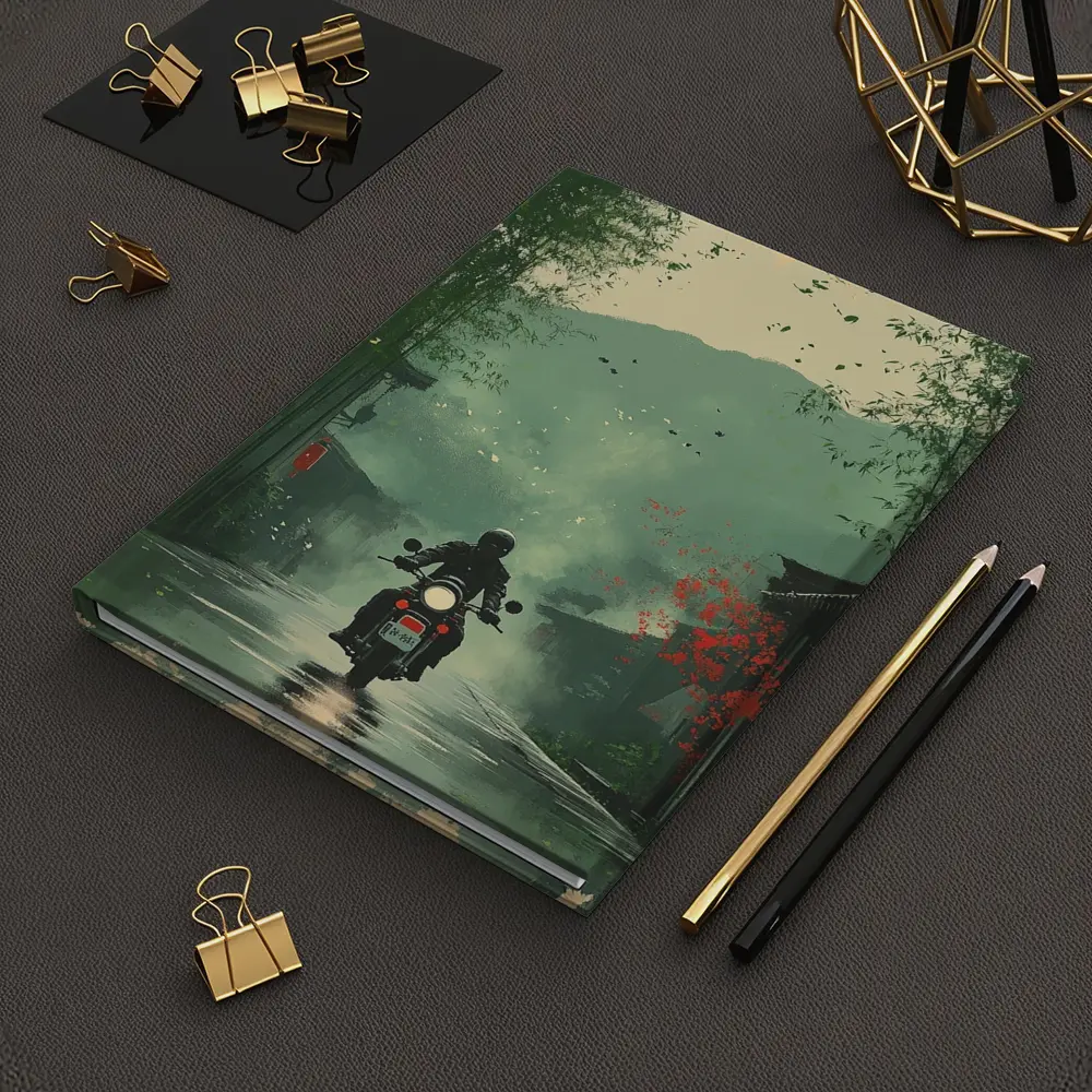 Motorcyclist Riding Through Misty Chinese Village – Notebooks