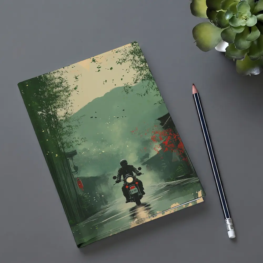 Motorcyclist Riding Through Misty Chinese Village – Notebooks