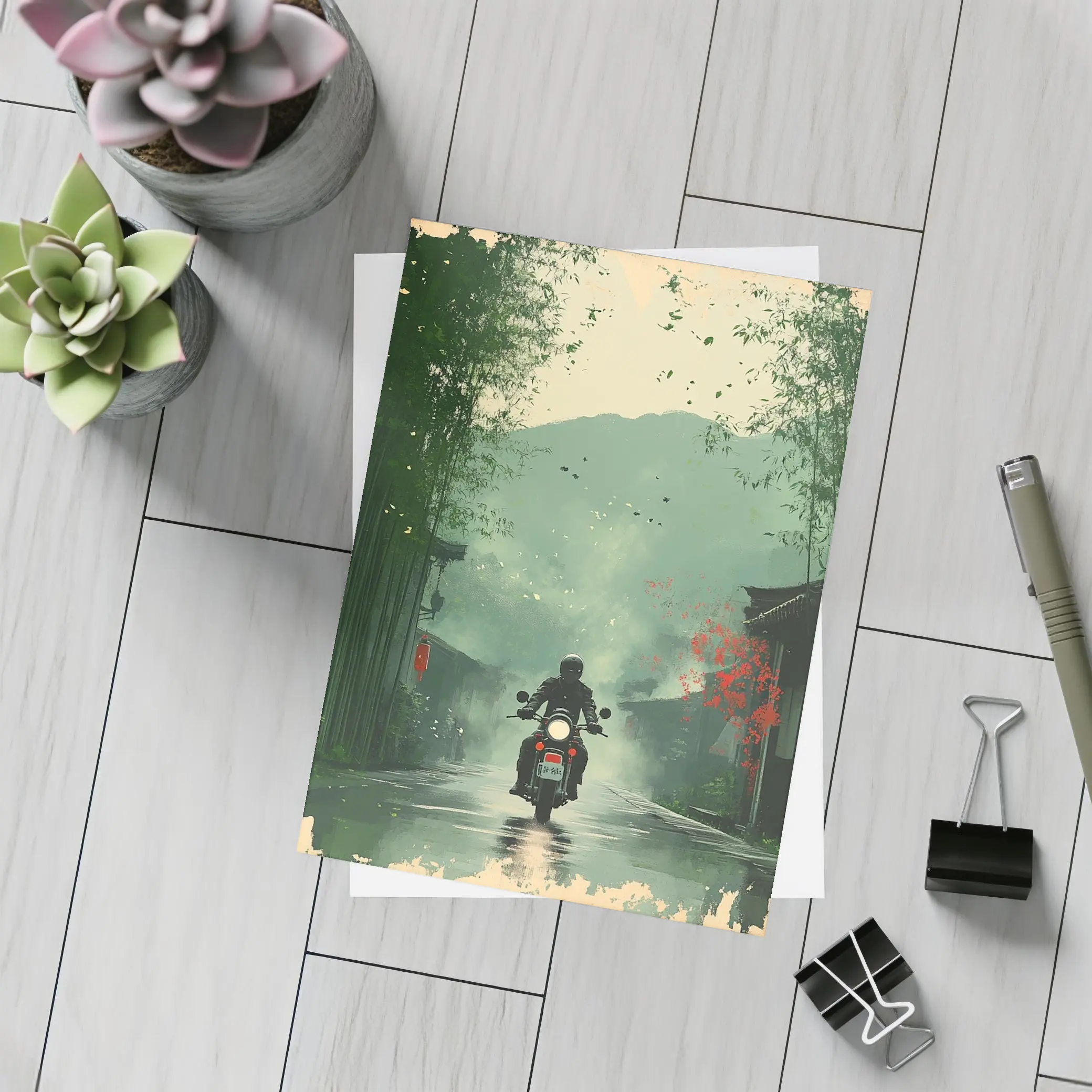 Motorcyclist Riding Through Misty Chinese Village – Postcards
