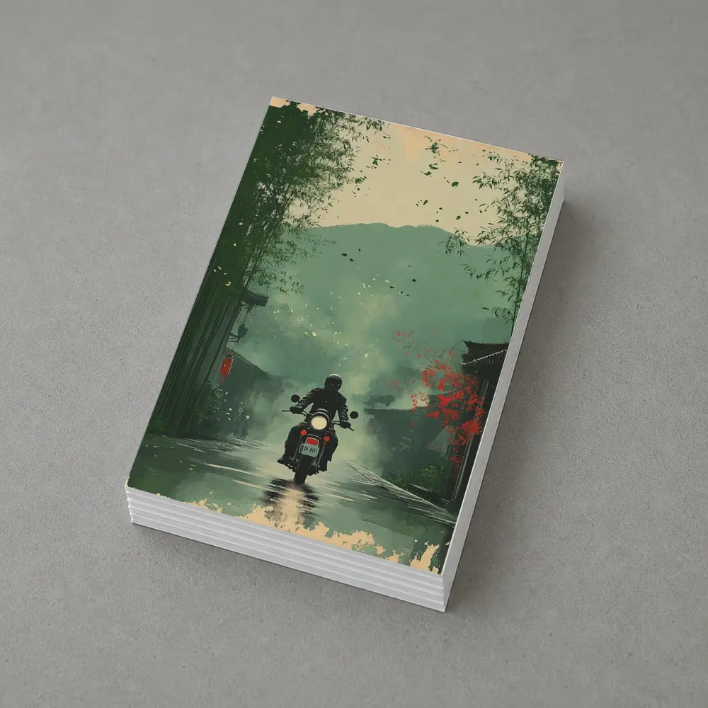 Motorcyclist Riding Through Misty Chinese Village – Postcards