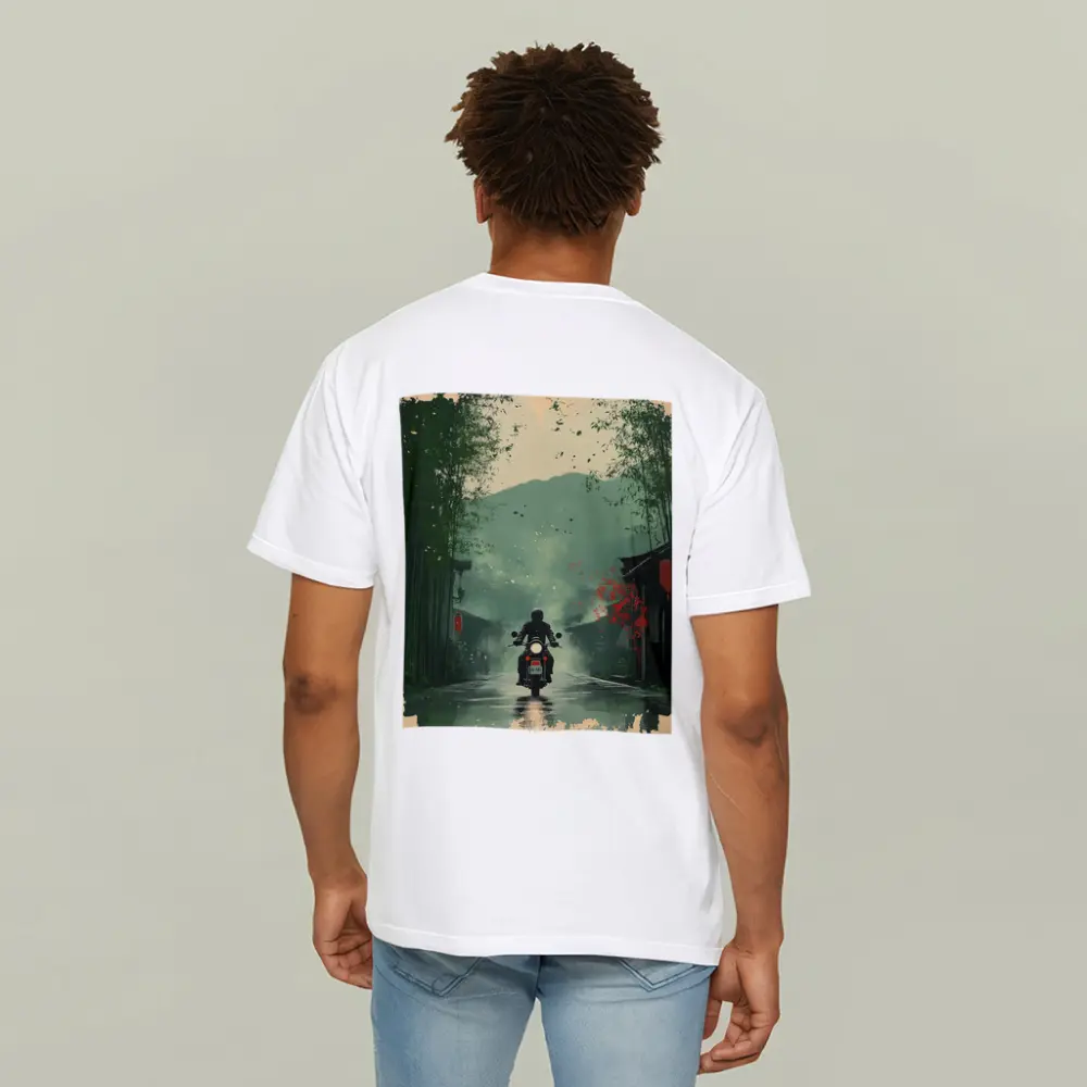 Motorcyclist Riding Through Misty Chinese Village – T-Shirts