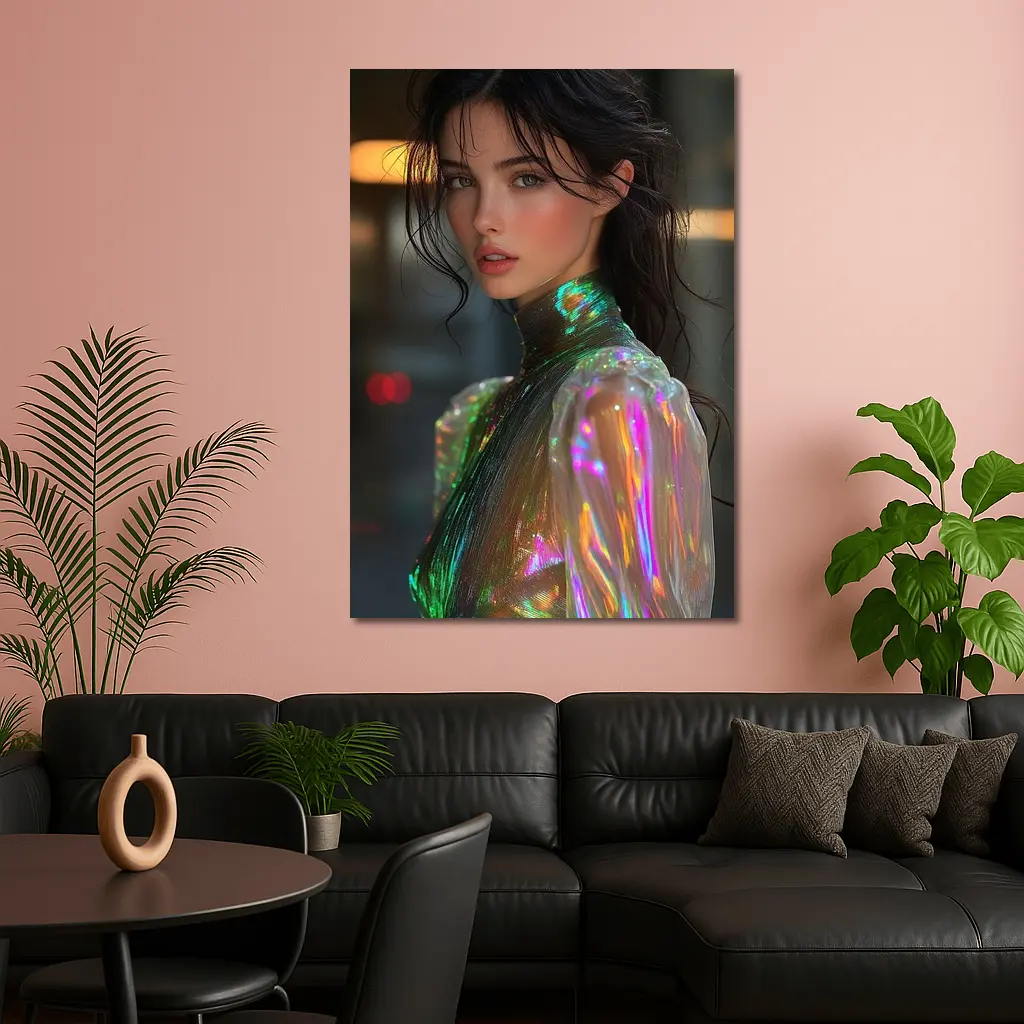 Woman Iridescent Holographic Outfit Urban Background – Wall Art