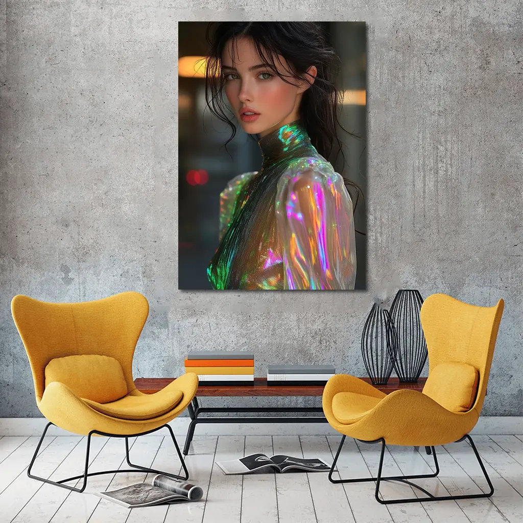 Woman Iridescent Holographic Outfit Urban Background – Wall Art
