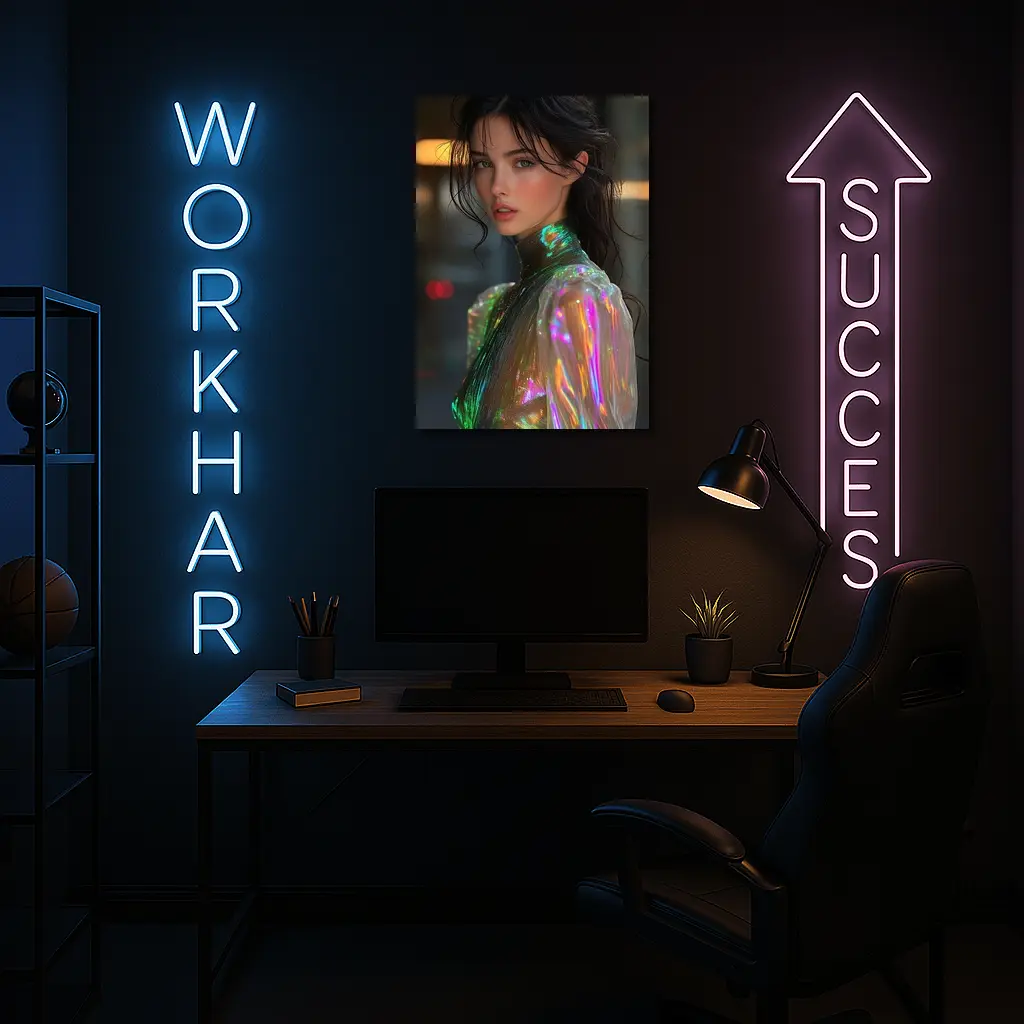 Woman Iridescent Holographic Outfit Urban Background – Wall Art
