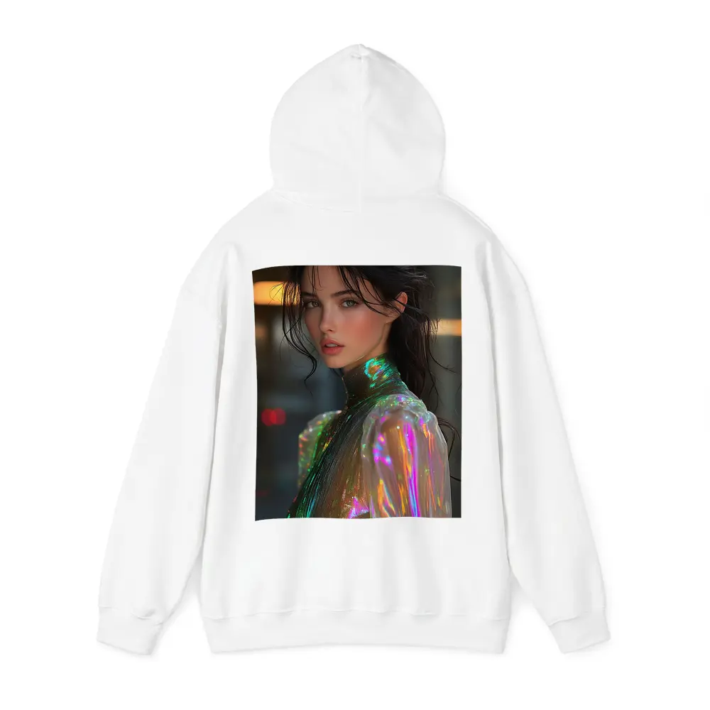 Woman Iridescent Holographic Outfit Urban Background – Hoodies