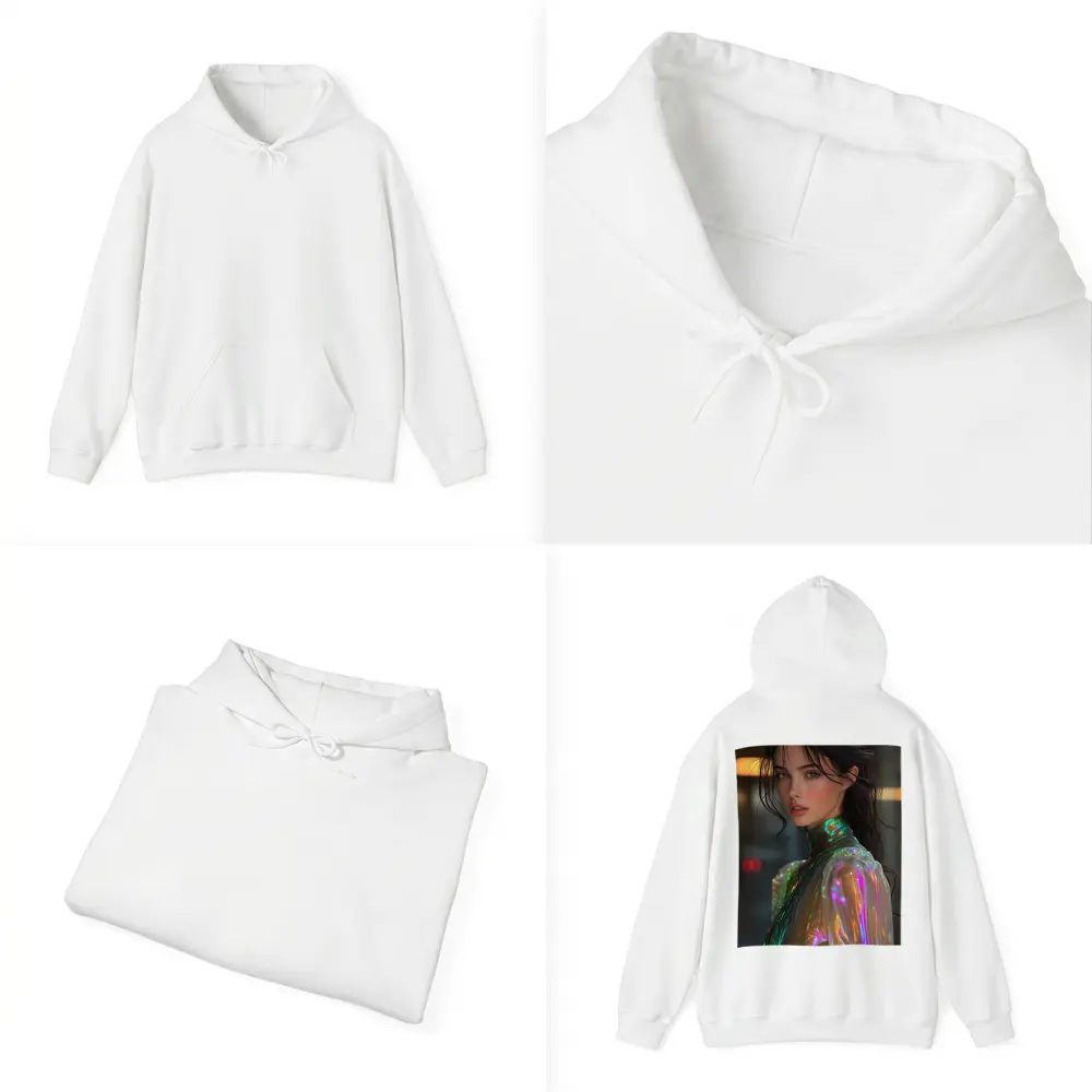 Woman Iridescent Holographic Outfit Urban Background – Hoodies