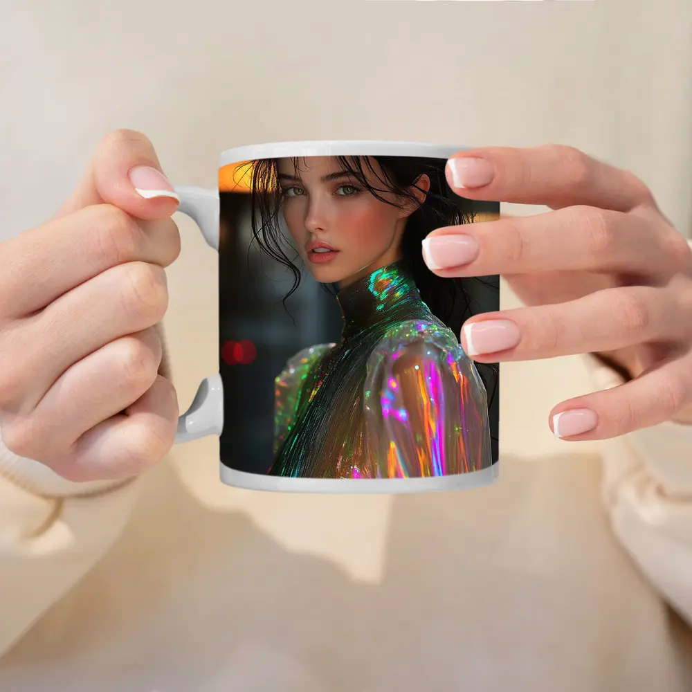 Woman Iridescent Holographic Outfit Urban Background – Mugs