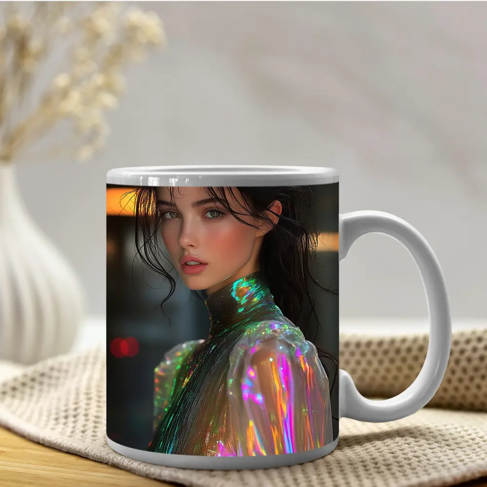 Woman Iridescent Holographic Outfit Urban Background – Mugs