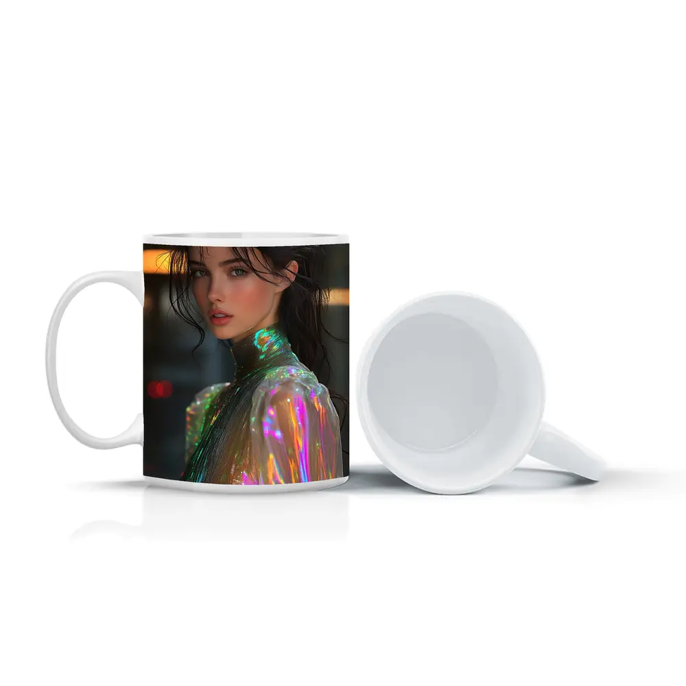 Woman Iridescent Holographic Outfit Urban Background – Mugs