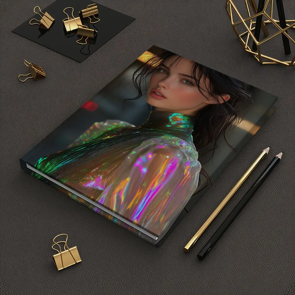 Woman Iridescent Holographic Outfit Urban Background – Notebooks