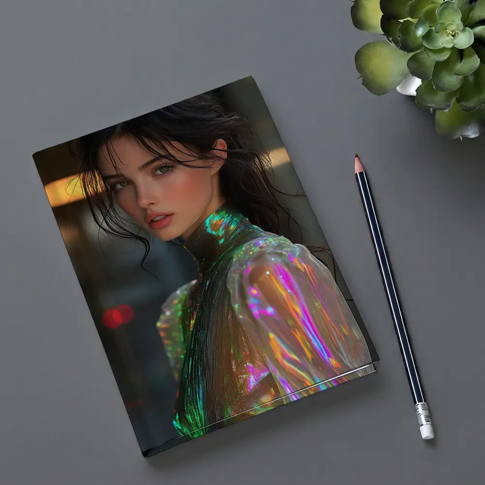 Woman Iridescent Holographic Outfit Urban Background – Notebooks