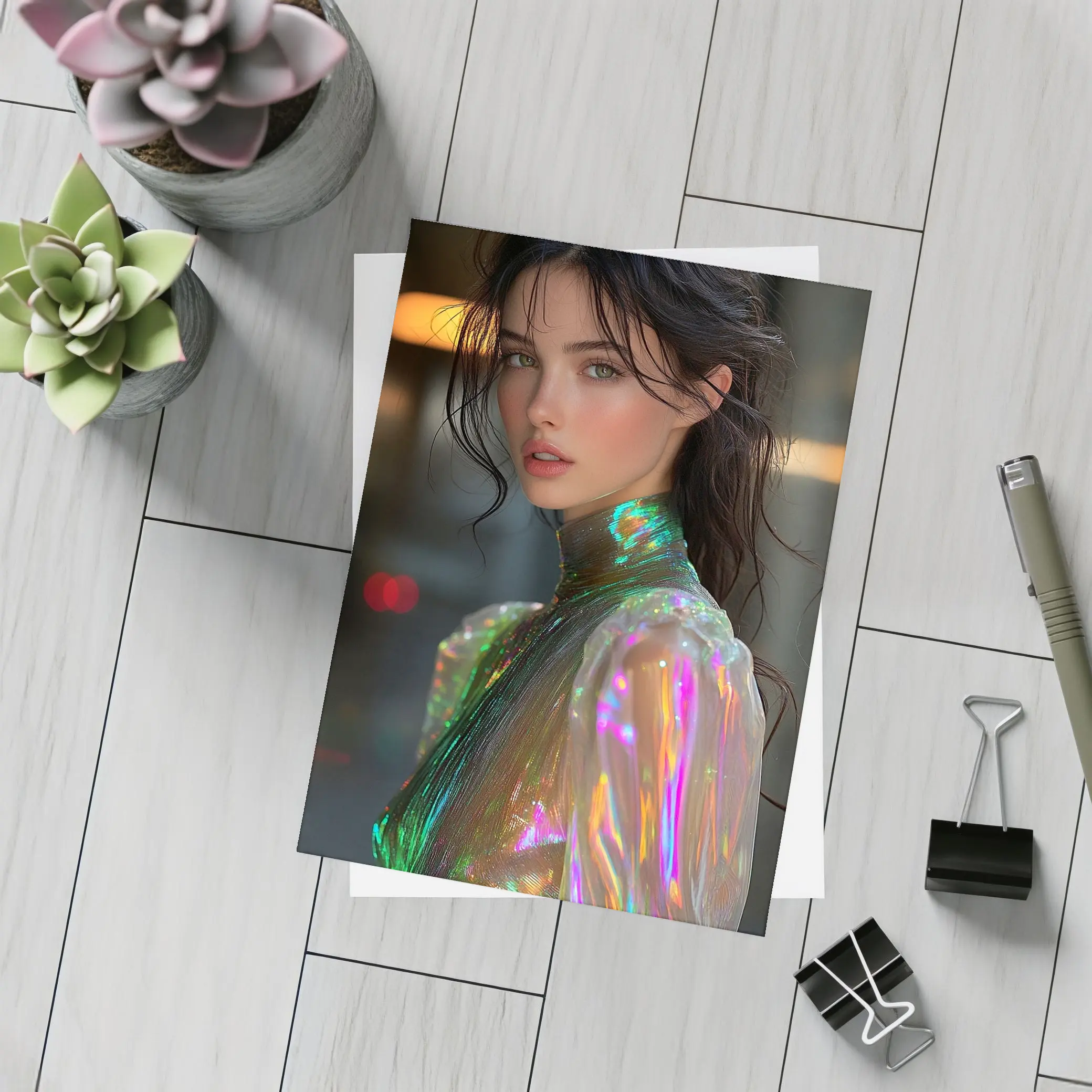Woman Iridescent Holographic Outfit Urban Background – Postcards