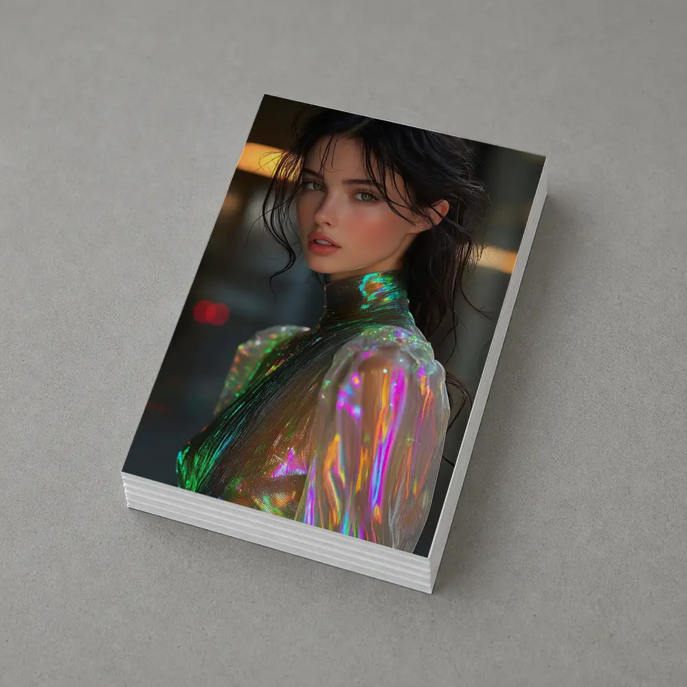 Woman Iridescent Holographic Outfit Urban Background – Postcards