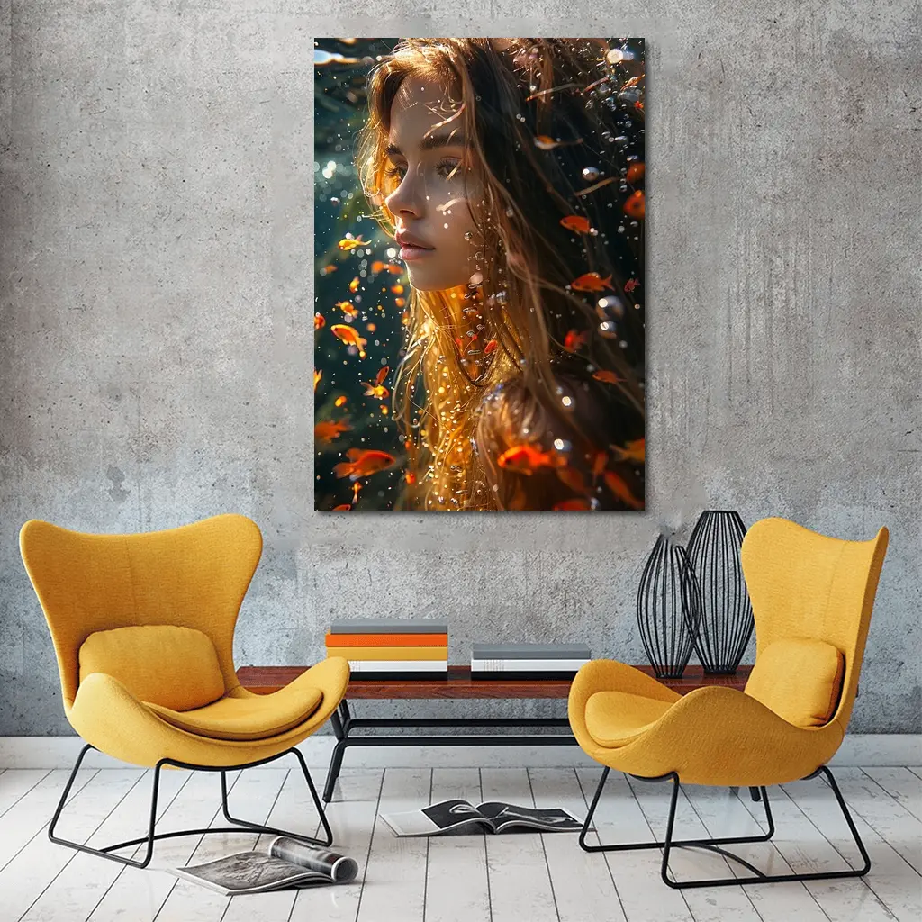 Woman Underwater Surrounded By Golden Fish – Wall Art
