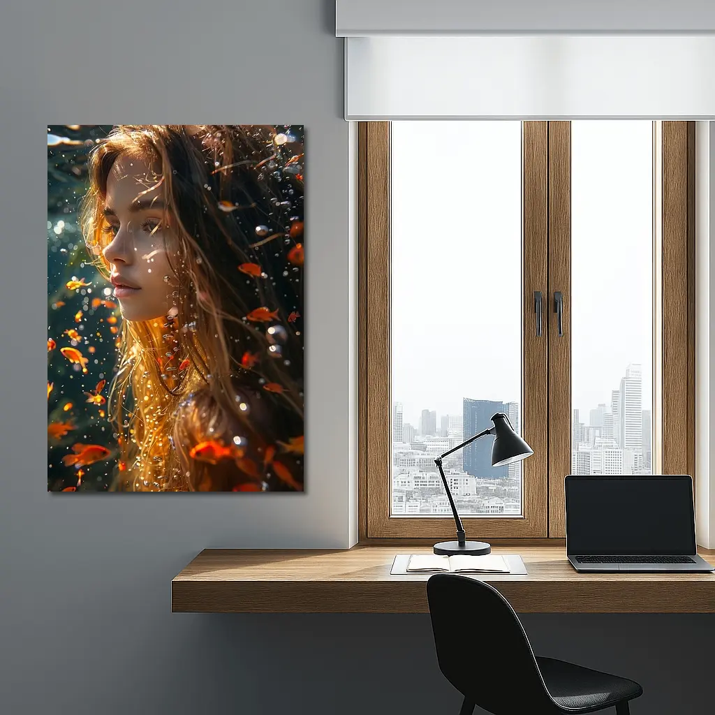 Woman Underwater Surrounded By Golden Fish – Wall Art
