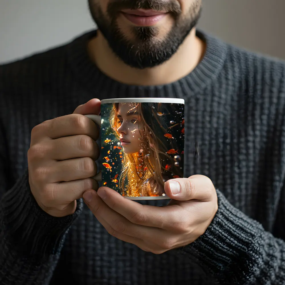 Woman Underwater Surrounded By Golden Fish – Mugs