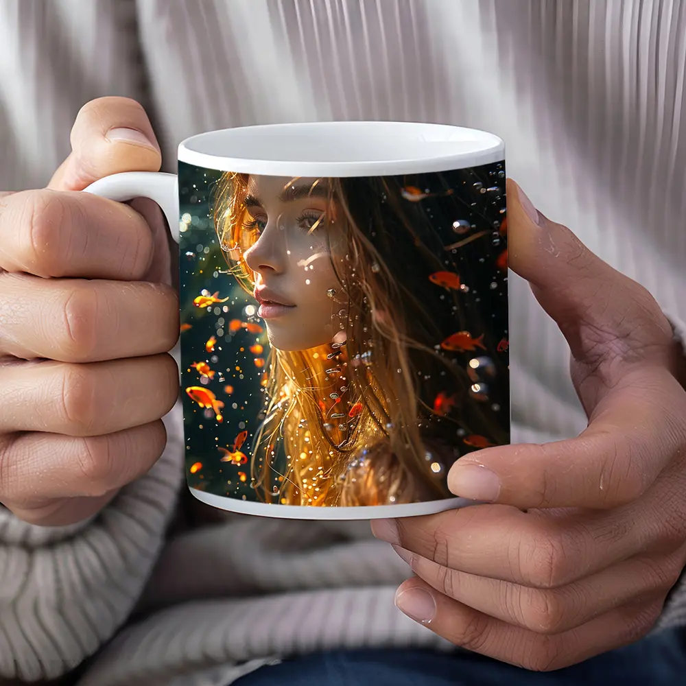 Woman Underwater Surrounded By Golden Fish – Mugs