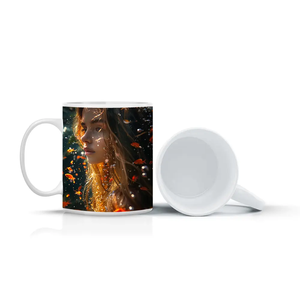 Woman Underwater Surrounded By Golden Fish – Mugs