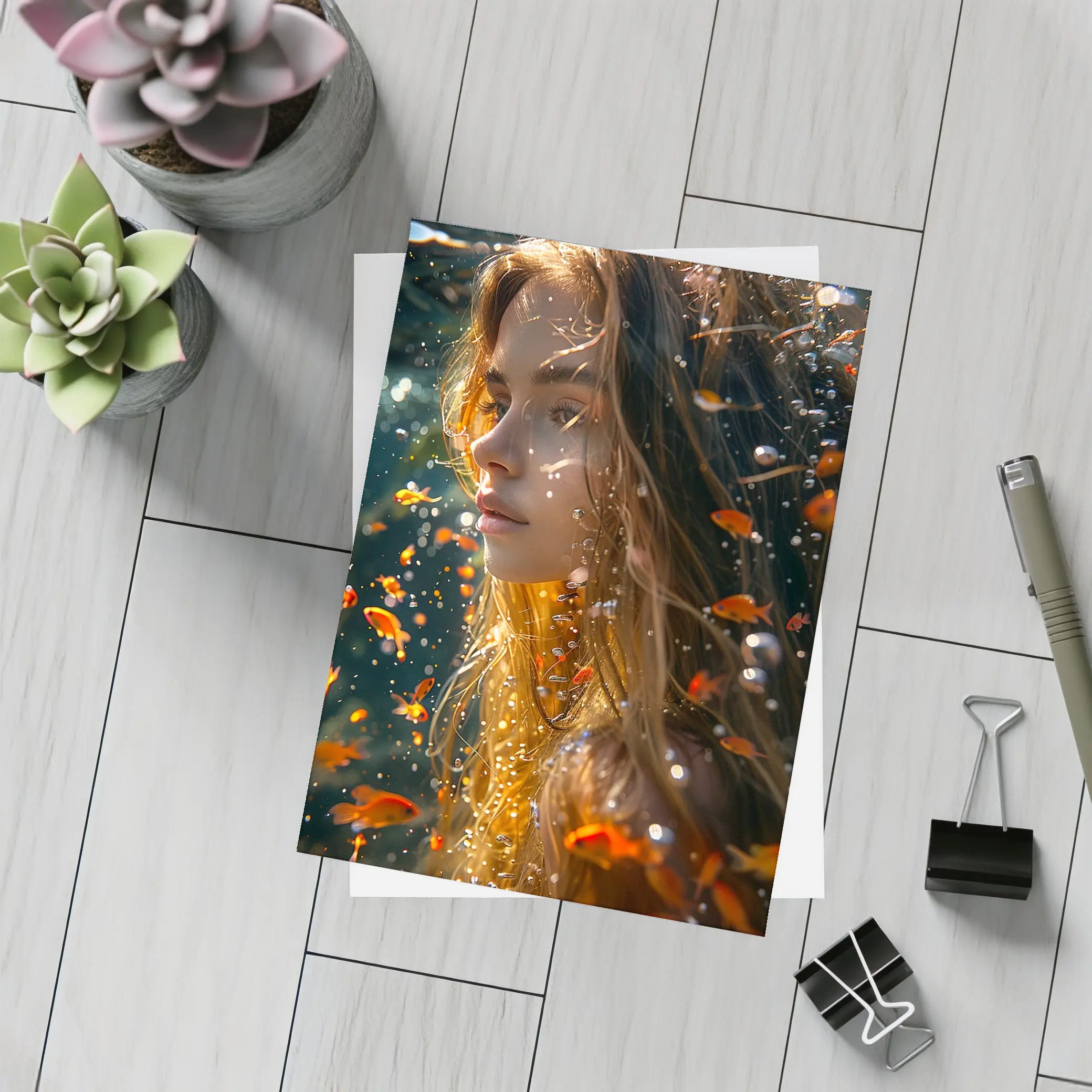 Woman Underwater Surrounded By Golden Fish – Postcards