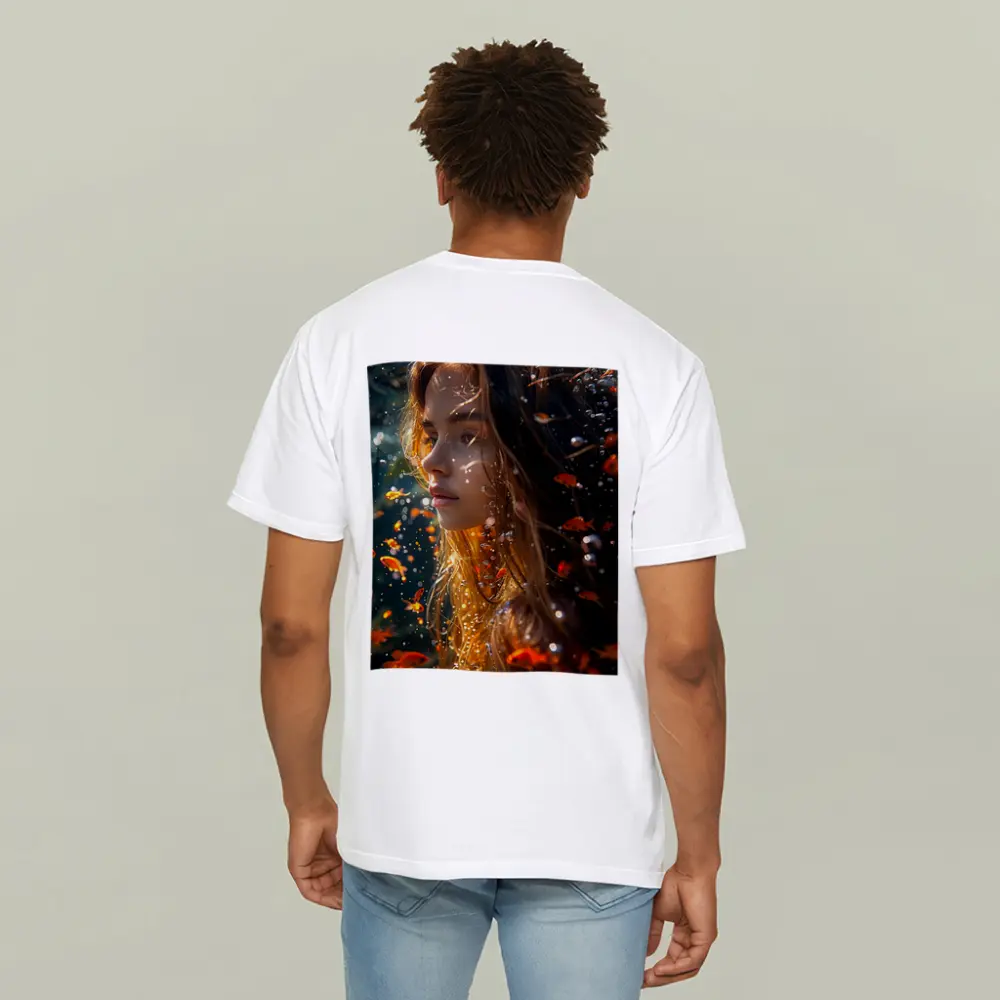 Woman Underwater Surrounded By Golden Fish – T-Shirts