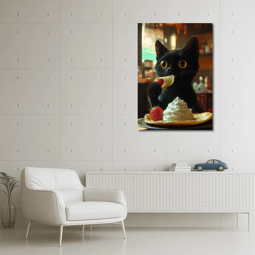 Black Kitten Eating Crepe With Strawberry – Wall Art