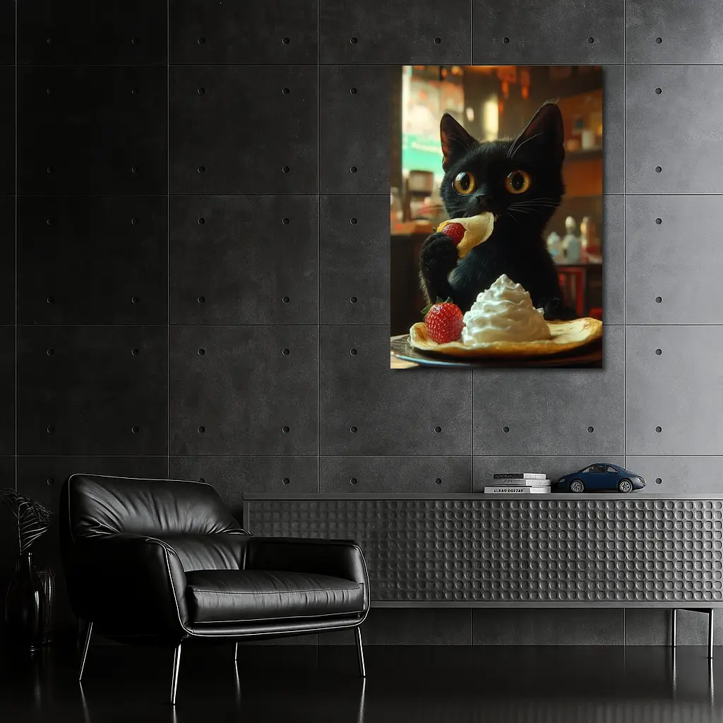 Black Kitten Eating Crepe With Strawberry – Wall Art