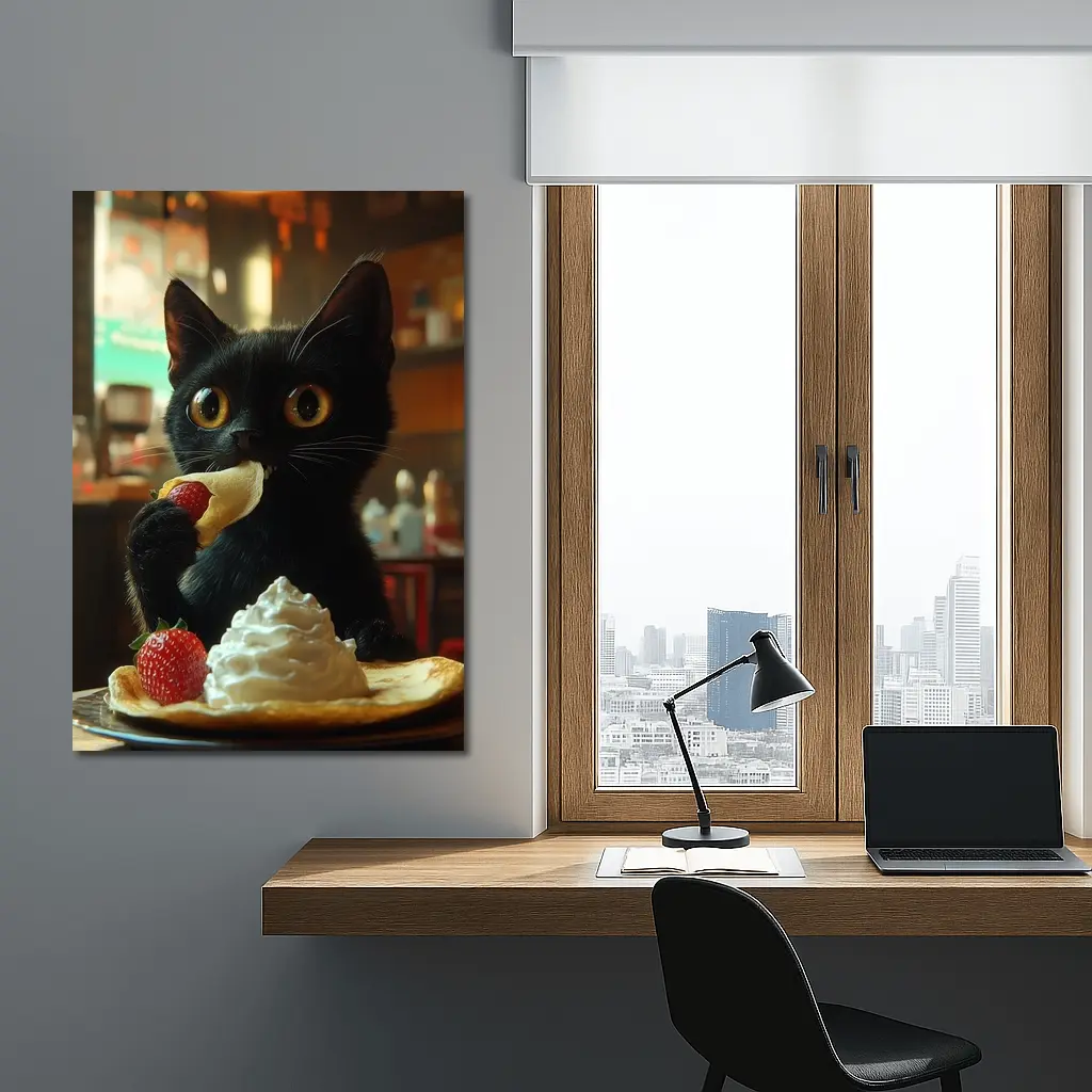 Black Kitten Eating Crepe With Strawberry – Wall Art