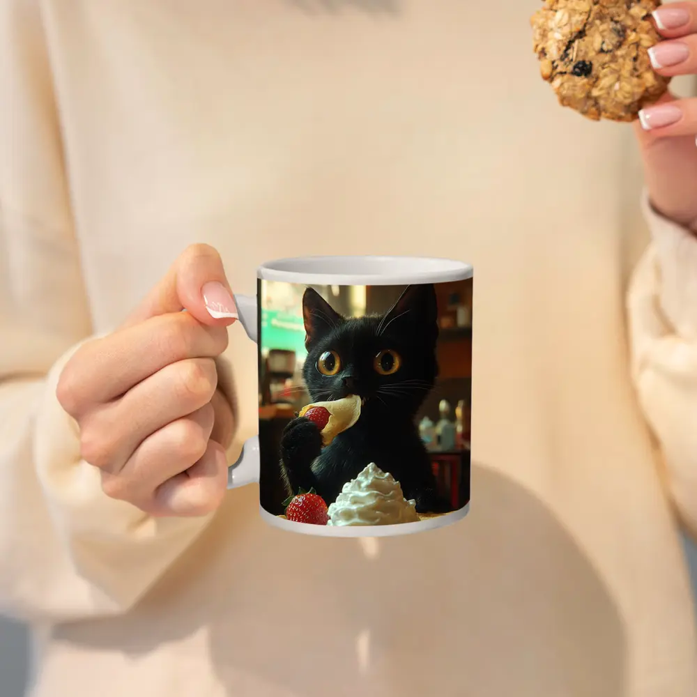 Black Kitten Eating Crepe With Strawberry – Mugs