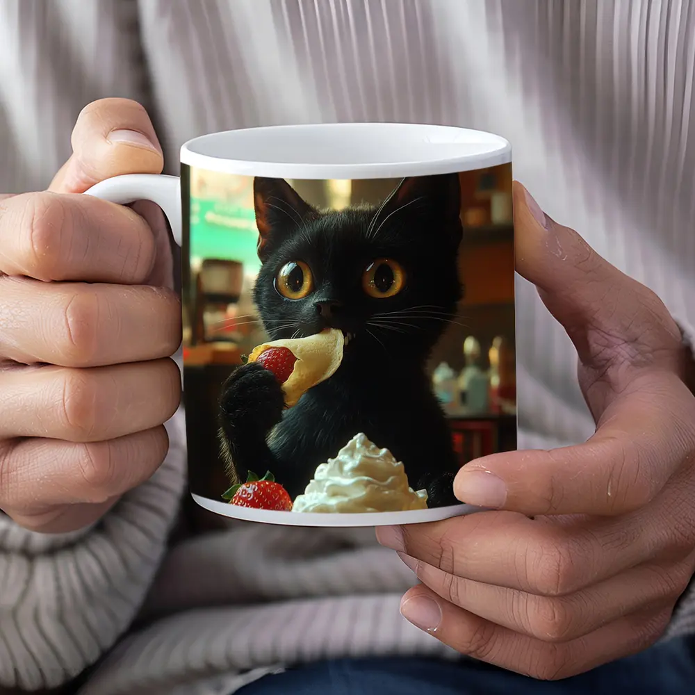 Black Kitten Eating Crepe With Strawberry – Mugs