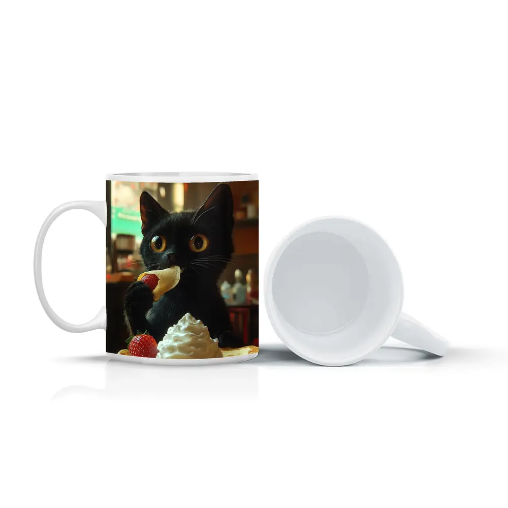 Black Kitten Eating Crepe With Strawberry – Mugs