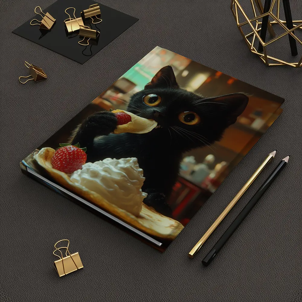 Black Kitten Eating Crepe With Strawberry – Notebooks