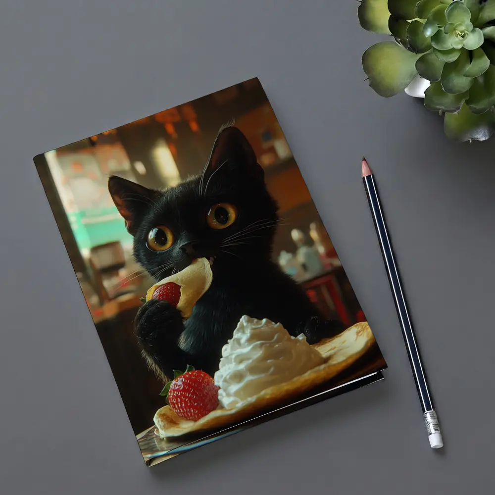 Black Kitten Eating Crepe With Strawberry – Notebooks