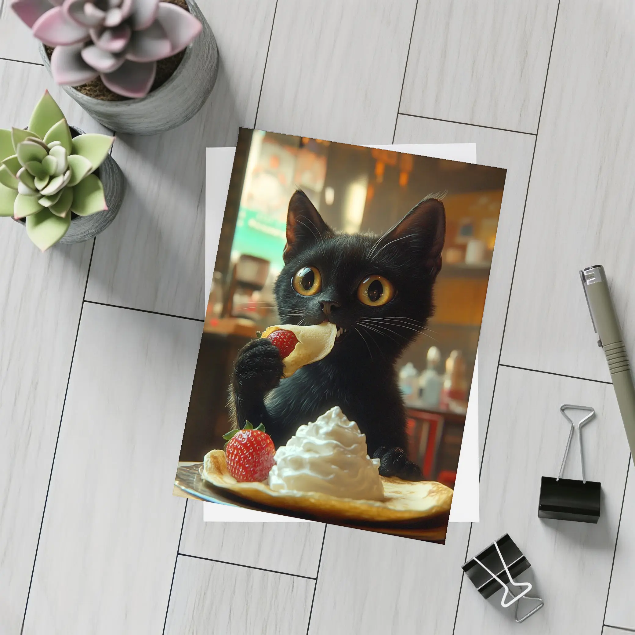 Black Kitten Eating Crepe With Strawberry – Postcards