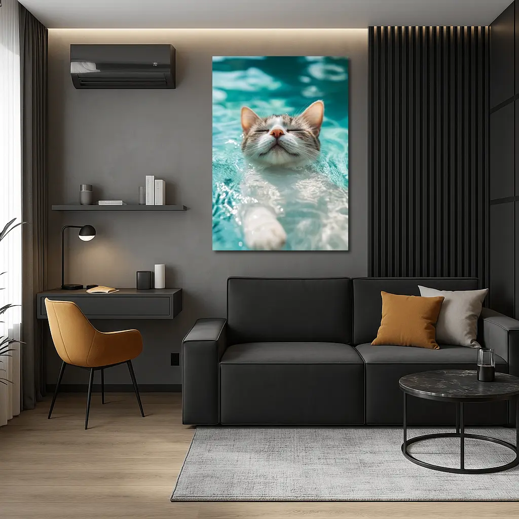 Relaxed Cat Swimming In Turquoise Pool Water – Wall Art