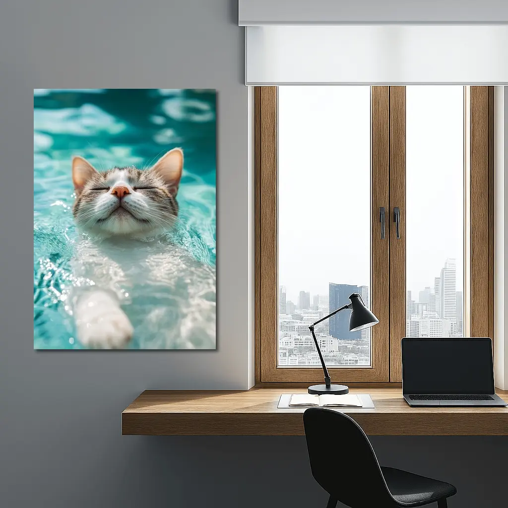 Relaxed Cat Swimming In Turquoise Pool Water – Wall Art