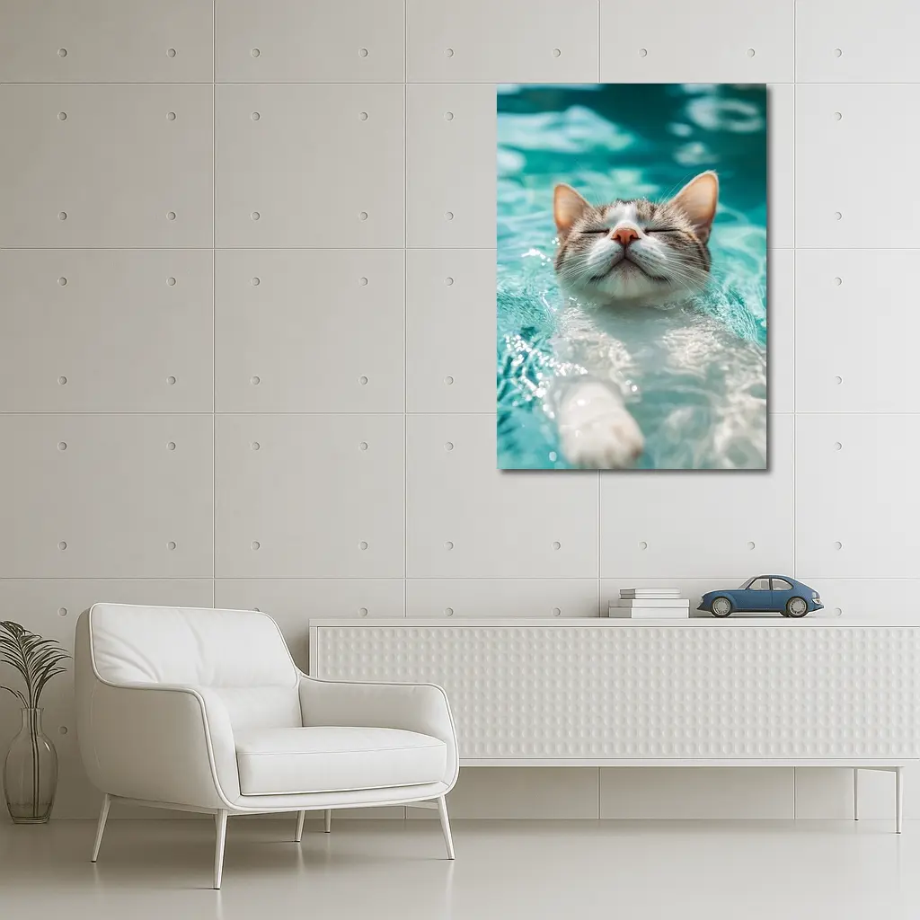 Relaxed Cat Swimming In Turquoise Pool Water – Wall Art