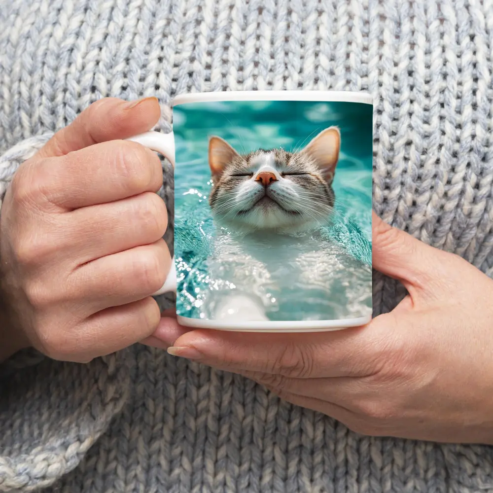 Relaxed Cat Swimming In Turquoise Pool Water – Mugs
